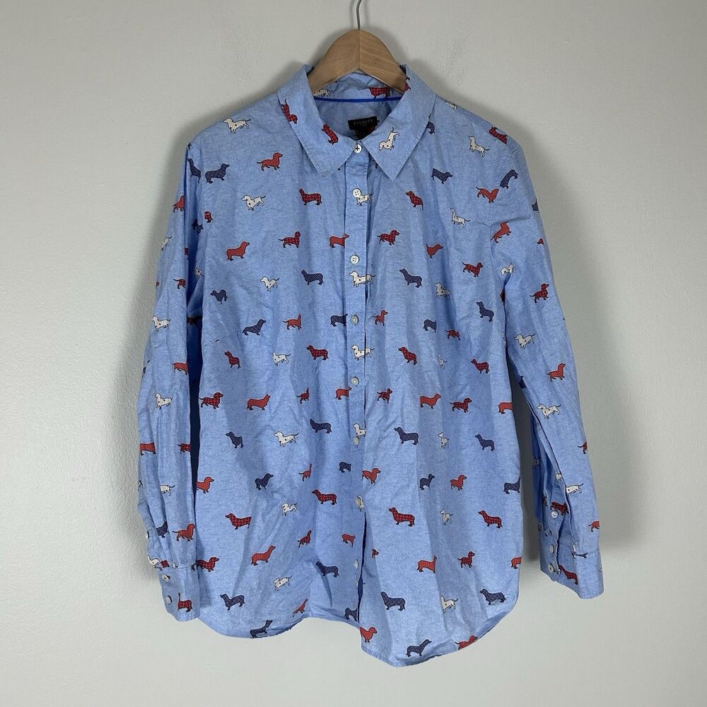 Talbots Women's Long Sleeve Button Up Dachshund Shirt Size 2X Weiner Dog Novelty